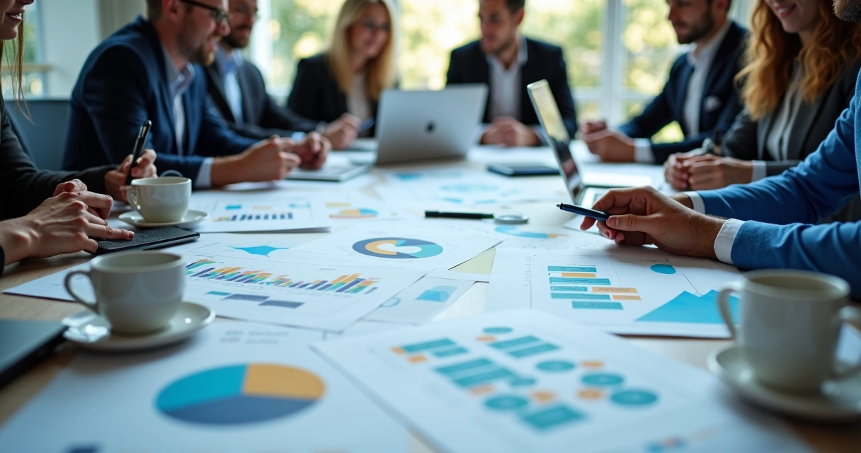 Plano estratégico de marketing digital sendo apresentado em mesa de reunião com papéis e notebooks 
