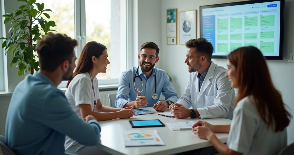Dentista conversando com pacientes e parceiros locais em clínica moderna, ambiente iluminado e organizado com elementos de tecnologia e comunicação 