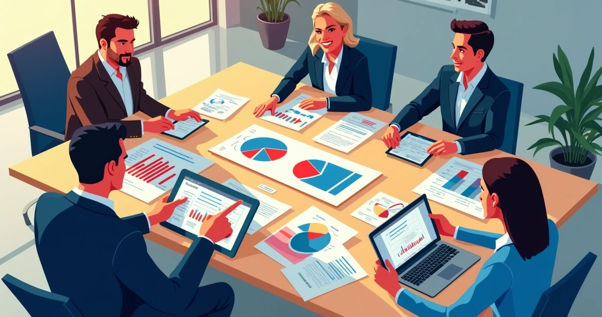 Consultores discutindo estratégias políticas em sala de reunião, gráficos e planos sobre a mesa 