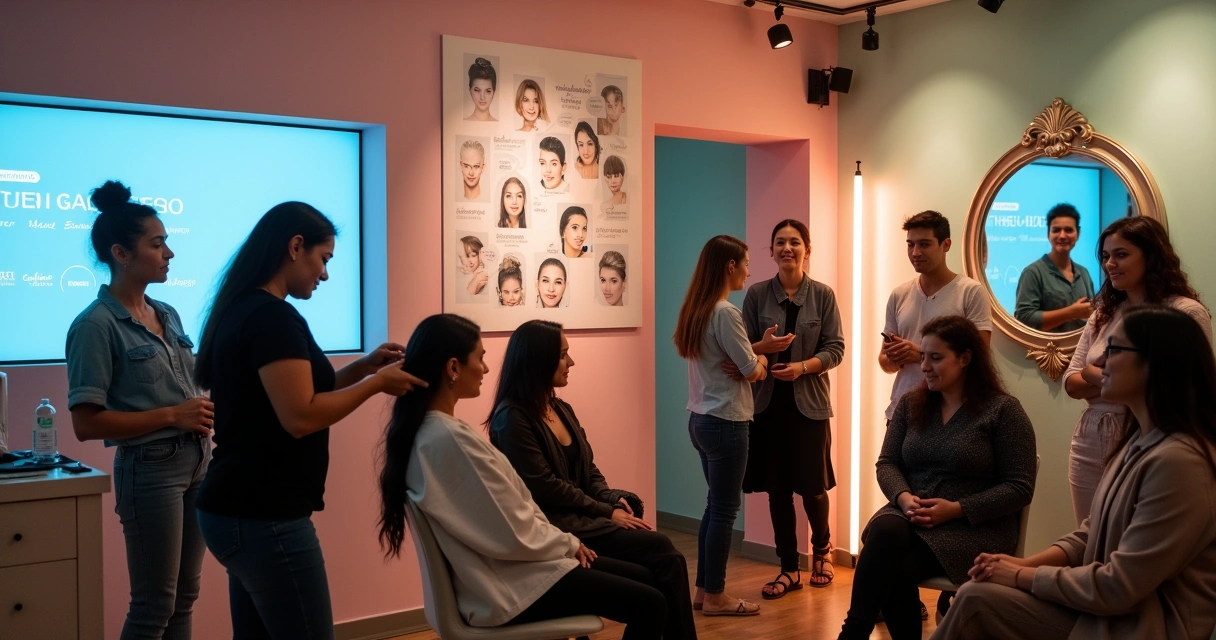 Cena em um salão de beleza moderno com trabalho de cabelo, tela de resultados e interação entre clientes.
