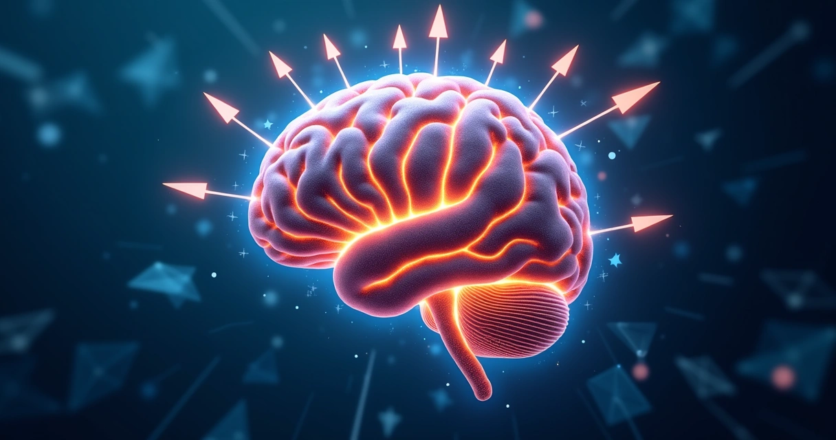 Cérebro humano com ramificações e setas em diferentes direções 