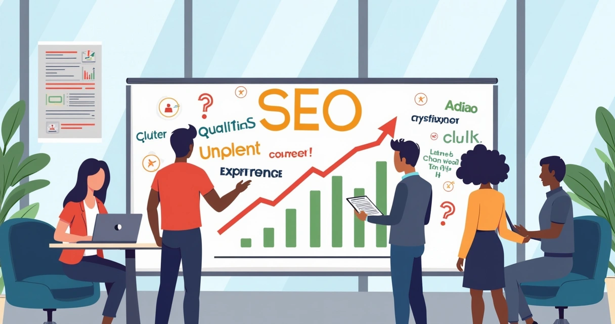 Grupo diverso discutindo estratégias modernas de SEO em um escritório iluminado, com gráfico de crescimento.