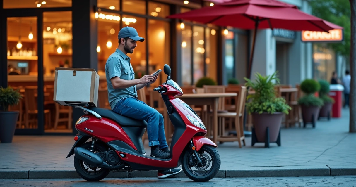 Entrega de comida com motociclista chegando à porta de restaurante moderno usando tablet 
