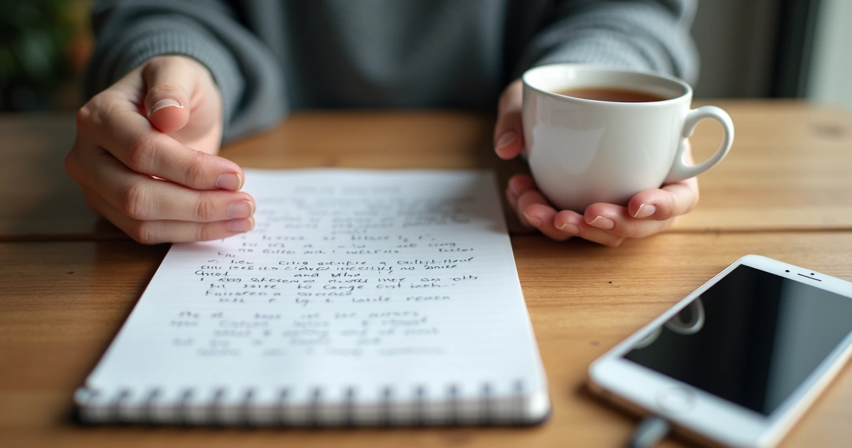 Caderno com anotações, xícara de chá e mãos mantendo distância de um celular sobre uma mesa 