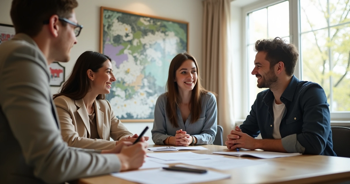Corretor mostrando apartamento renovado para jovens interessados 