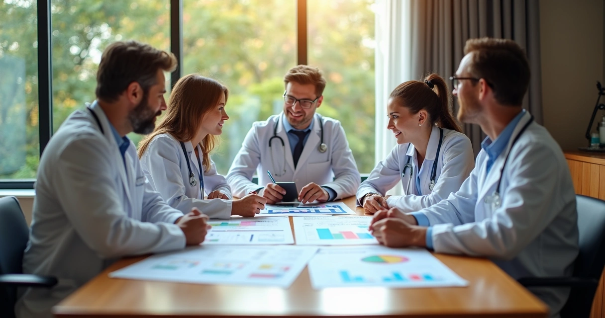 Equipe médica analisando gráficos em uma sala de reuniões moderna 