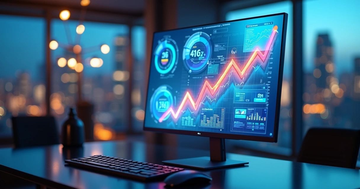 Tela digital exibindo gráficos de conversão, anúncios online e elementos de remarketing 