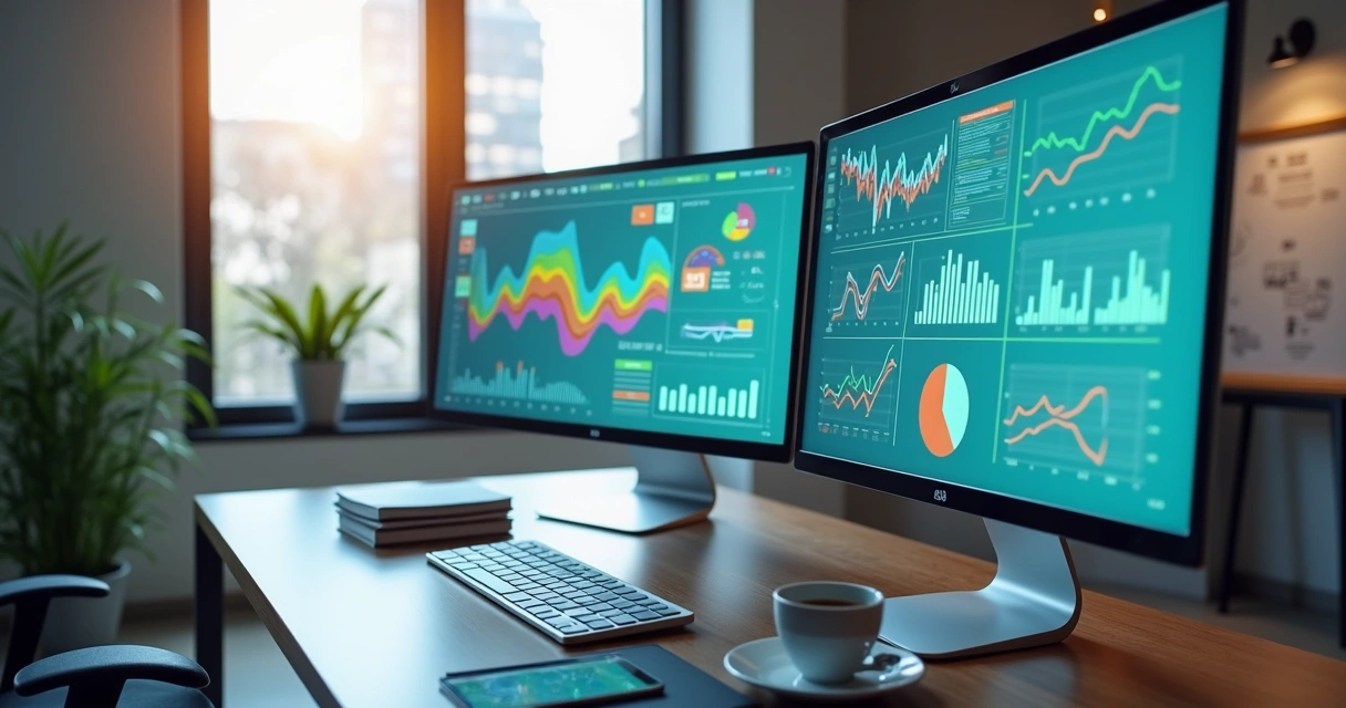 Conceito de estratégias digitais de remarketing com telas de computador exibindo gráficos e dados de marketing 