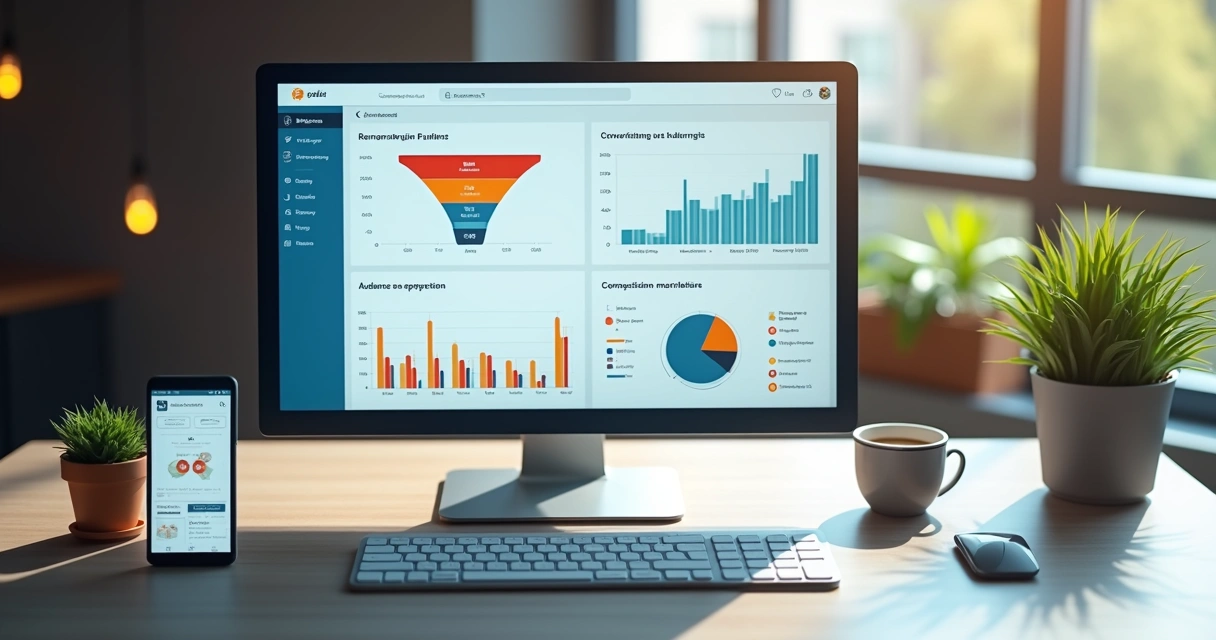 Dashboard moderno mostrando dados gráficos de campanhas de remarketing para e-commerce 