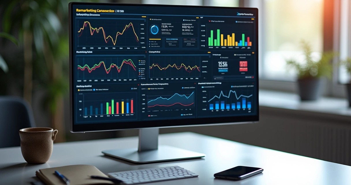Tela de computador mostrando gráficos de desempenho de campanhas de remarketing para e-commerce 