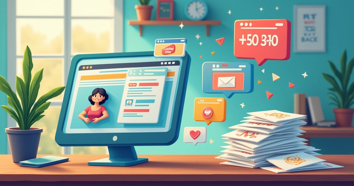 Ilustração de estratégias de remarketing com tablet, anúncios, plantas e emails para reativar leads.