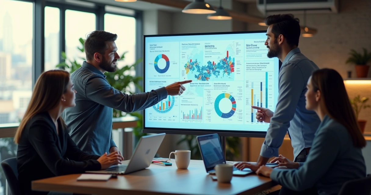 Equipe de marketing digital analisando gráficos de retenção de clientes após Black Friday em ambiente moderno 