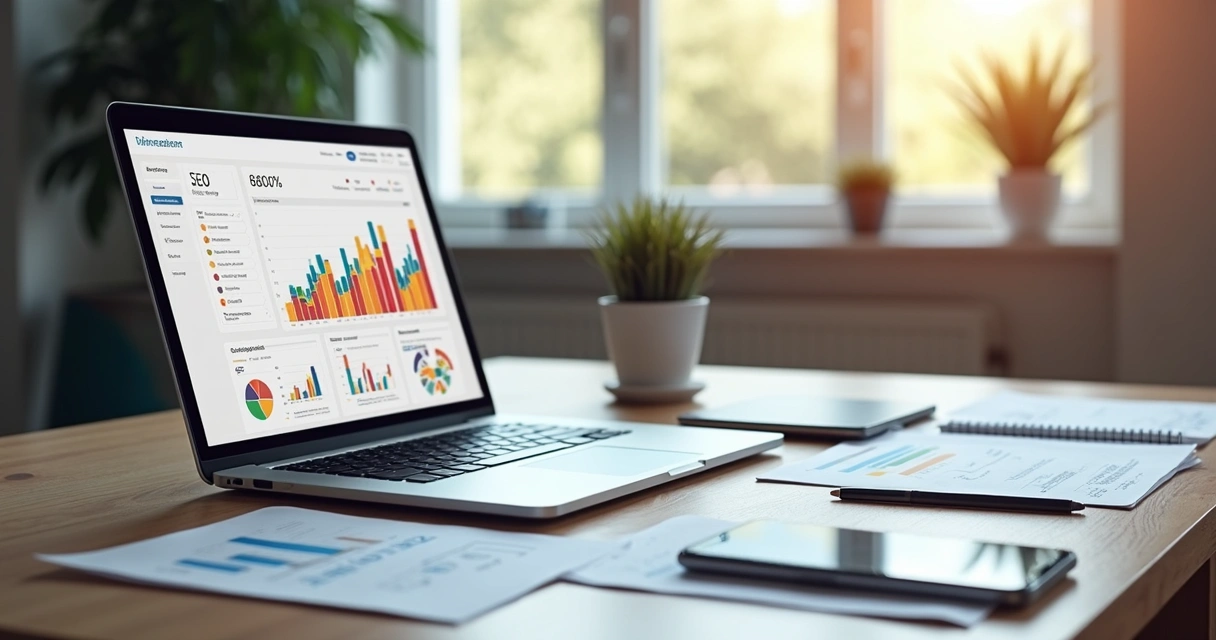 Mesa de trabalho com notebook exibindo gráficos de crescimento, cercada por anotações e planilhas sobre estratégias de SEO para e-commerce 