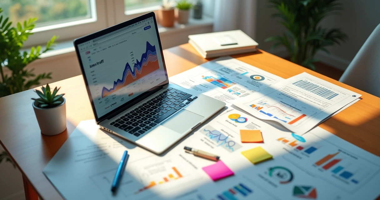 Mesa com computador, gráficos coloridos e anotações de estratégia digital 