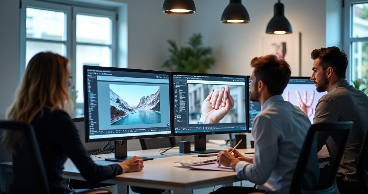 Estratégia visual representada por equipe avaliando imagens em monitores de alta resolução 