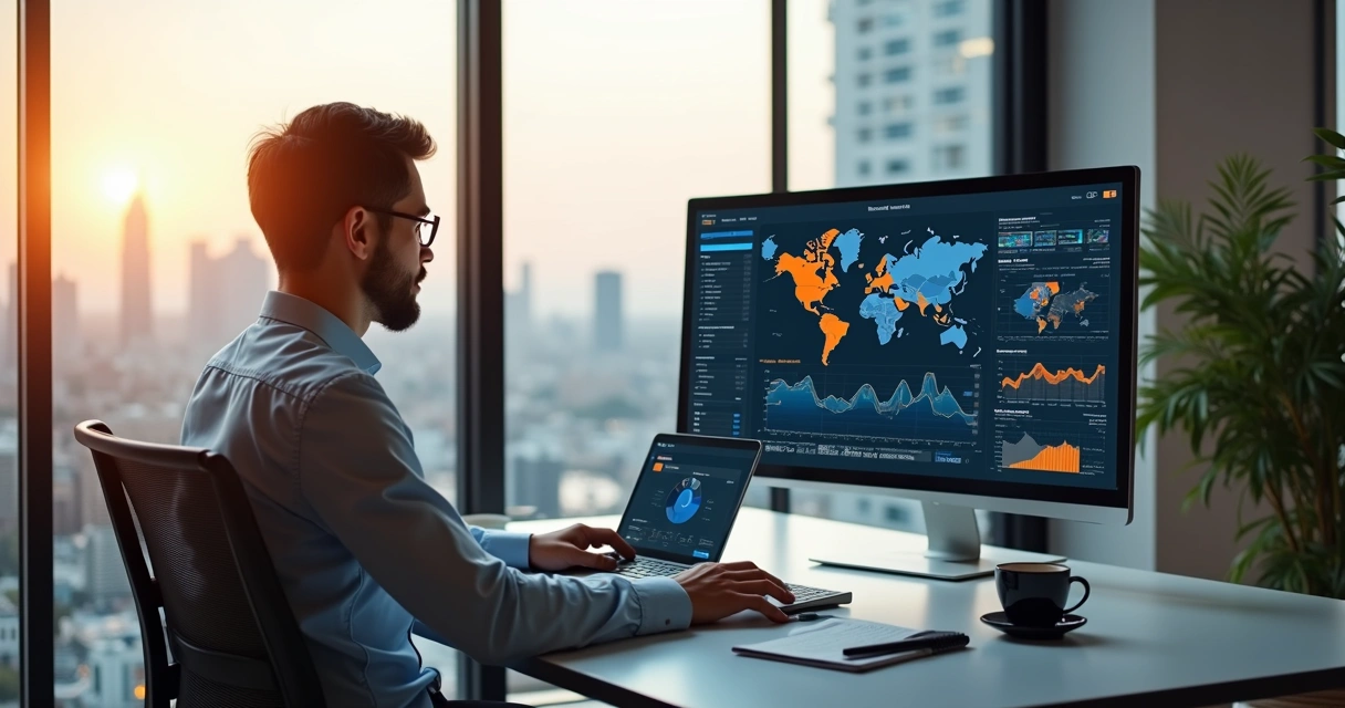 Profissional analisando gráficos de SEO e assessoria em ambiente moderno e iluminado 