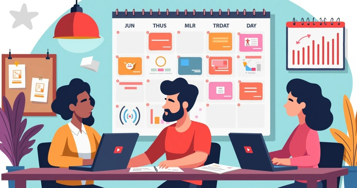 Ilustração de criadores de conteúdo planejando em uma mesa com notebooks, calendário e gráficos de crescimento ao fundo 