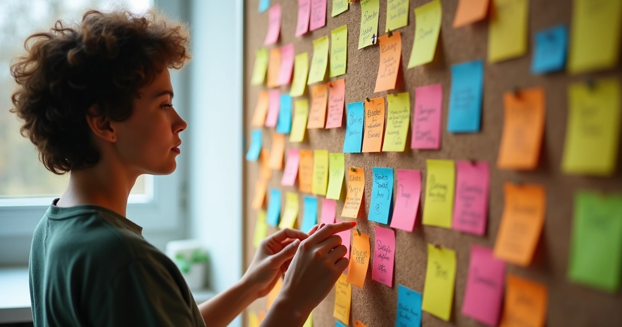 Pessoa organizando post-its coloridos em mural, com anotações de metas e estratégias 