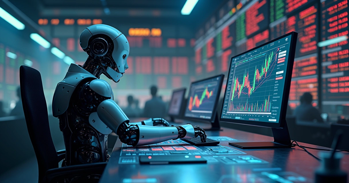 Robô investidor analisando gráficos com linha de tendência e múltiplos números 