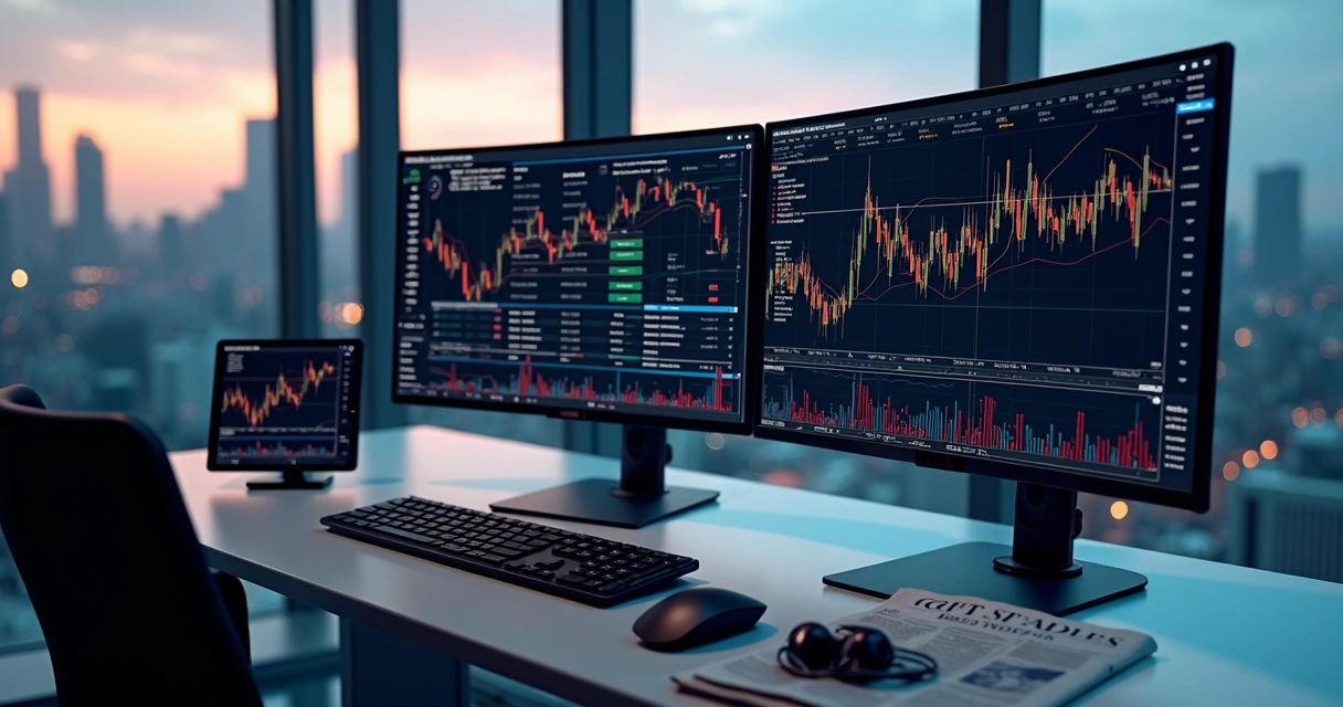 Mesa de trader com múltiplos monitores exibindo gráficos financeiros e algoritmos de trading complexos 
