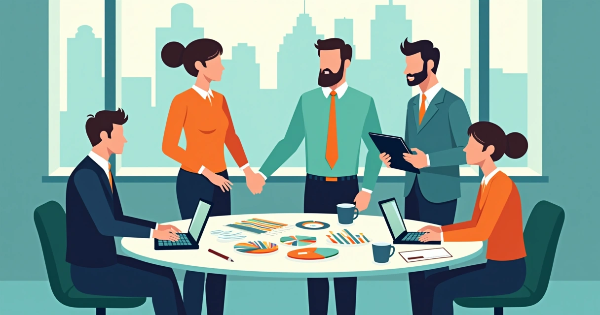 Ilustração de equipe de vendas analisando gráficos de vendas em uma mesa redonda 