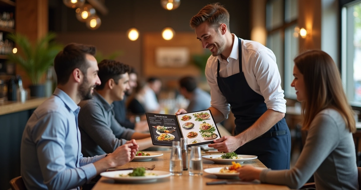 Garçom jovem oferecendo sugestão de prato especial a cliente em restaurante moderno e iluminado 