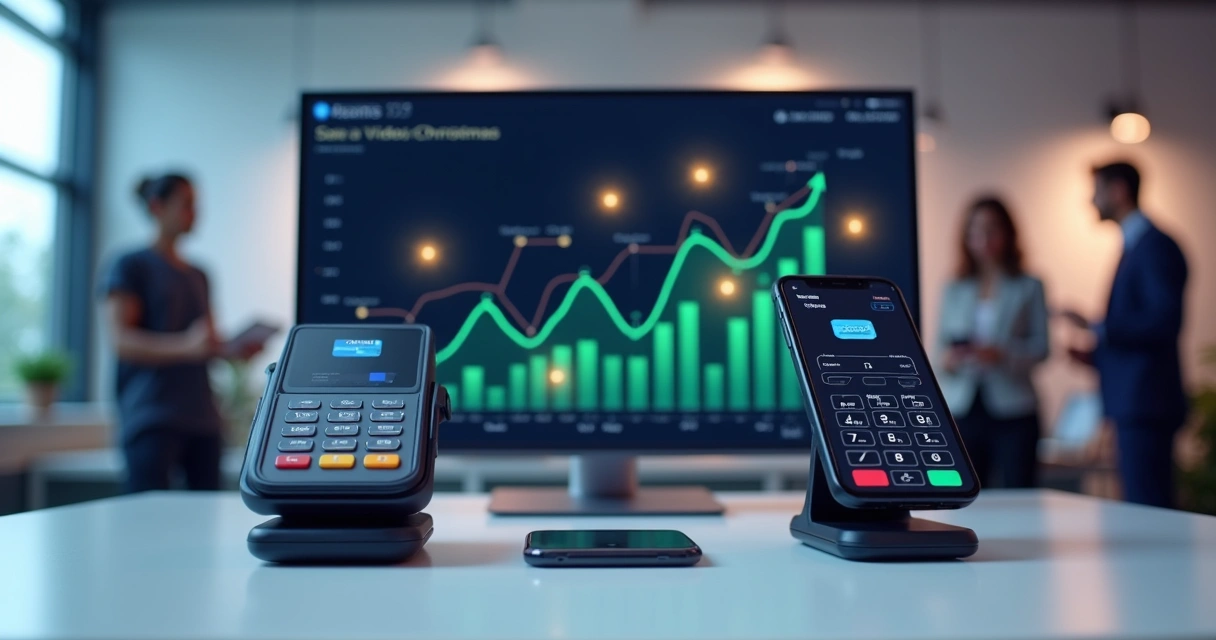 Gráfico de vendas sazonais em tela com maquininhas e ícones de pagamentos digitais 