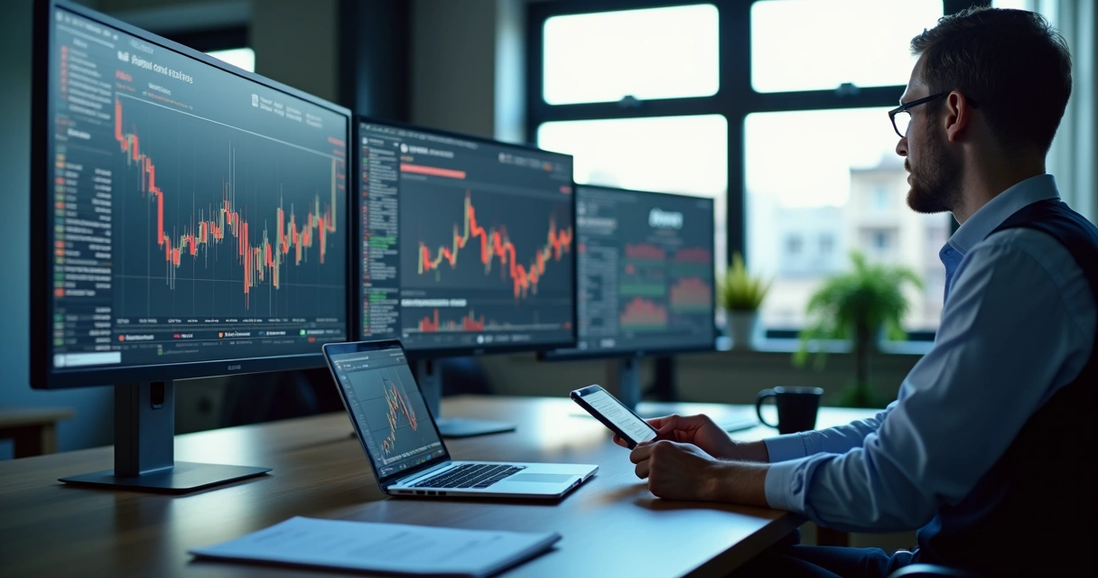 Profissional analisando gráficos financeiros digitais em escritório moderno com equipamentos tecnológicos 