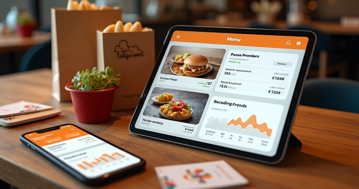 Mesa com cardápio digital em tablet, embalagens de delivery personalizadas, e celular exibindo pedidos e gráficos de vendas