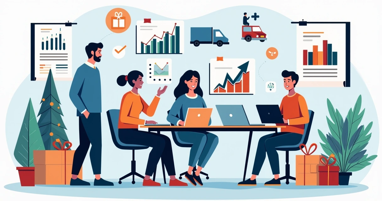 Ilustração corporativa mostrando estratégia de vendas de final de ano com equipe, gráficos de crescimento, promoções e clientes online e na loja física 