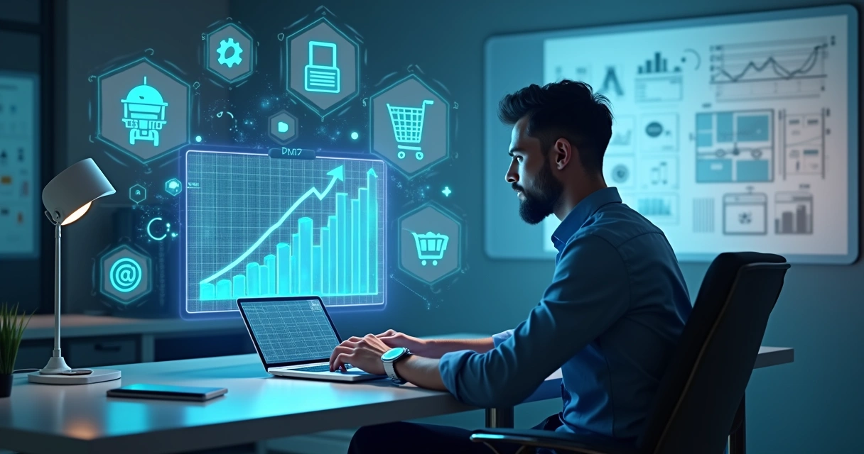 Empresário trabalhando em laptop com gráficos de crescimento e elementos digitais ao redor representando estratégias de vendas online 