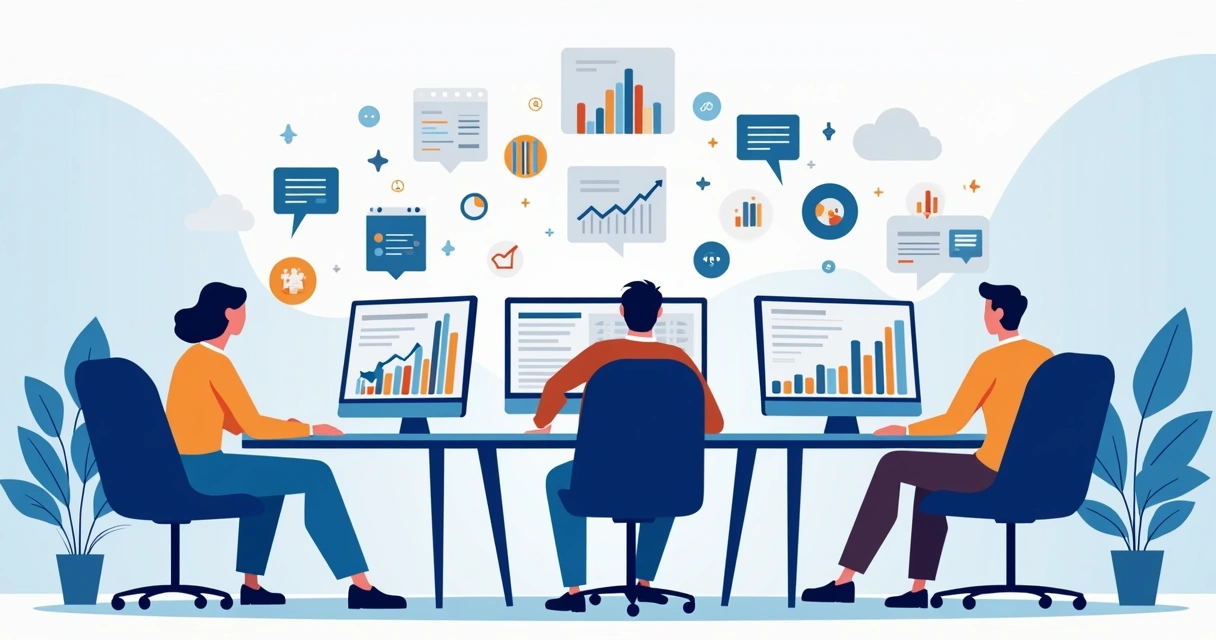 Ilustração corporativa de webdesigners e equipe de agência trabalhando em estratégias de vendas digitais 