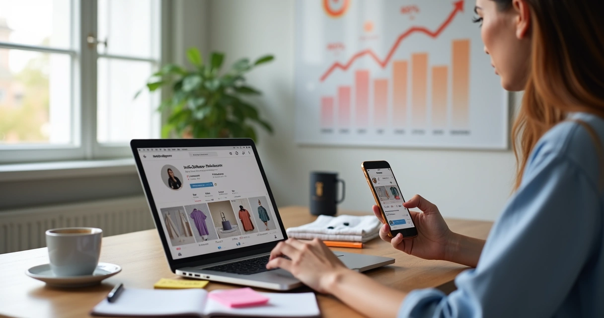 Empreendedora usando notebook e celular para vender mais pelo Instagram com gráficos de crescimento 