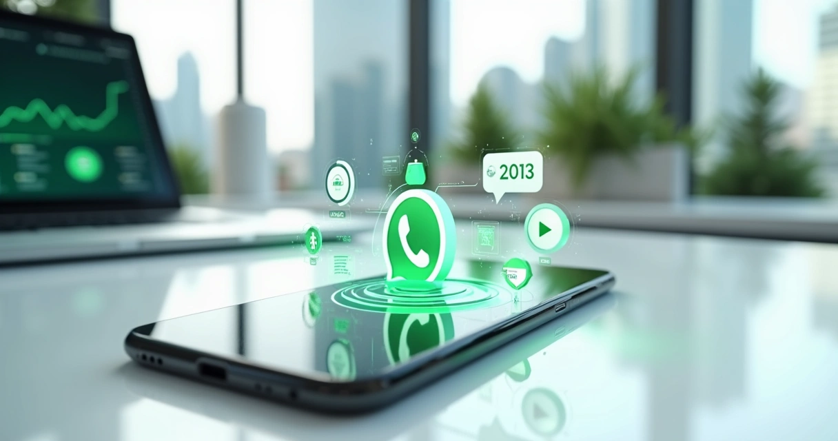 Tela de WhatsApp em celular com gráficos de leads e vendas subindo em ambiente de escritório moderno 