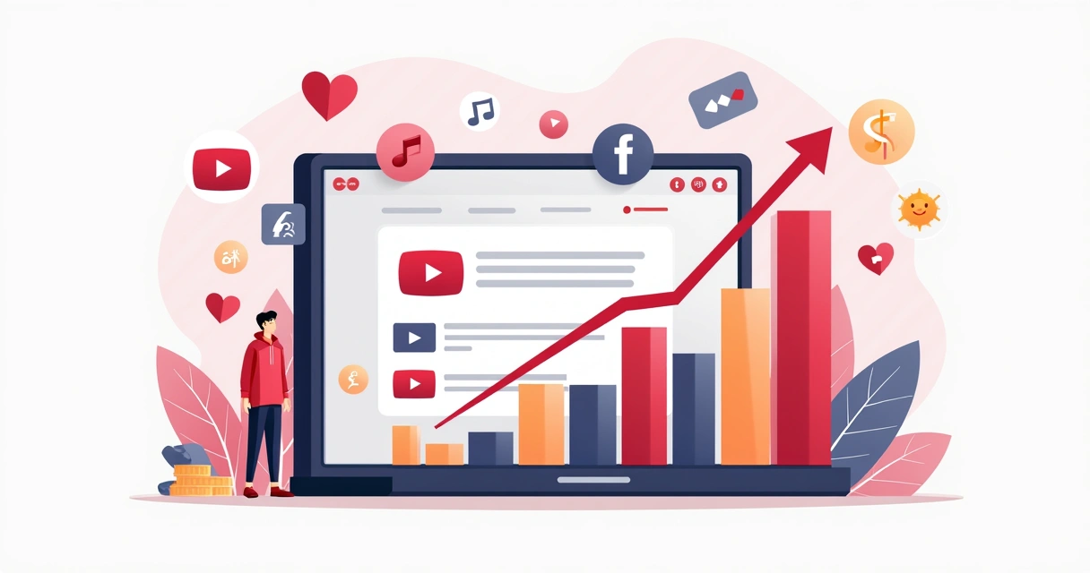 Ilustração corporativa plana mostrando gráficos de crescimento de canais do YouTube com ícones de vídeos, corações e moedas ao redor 