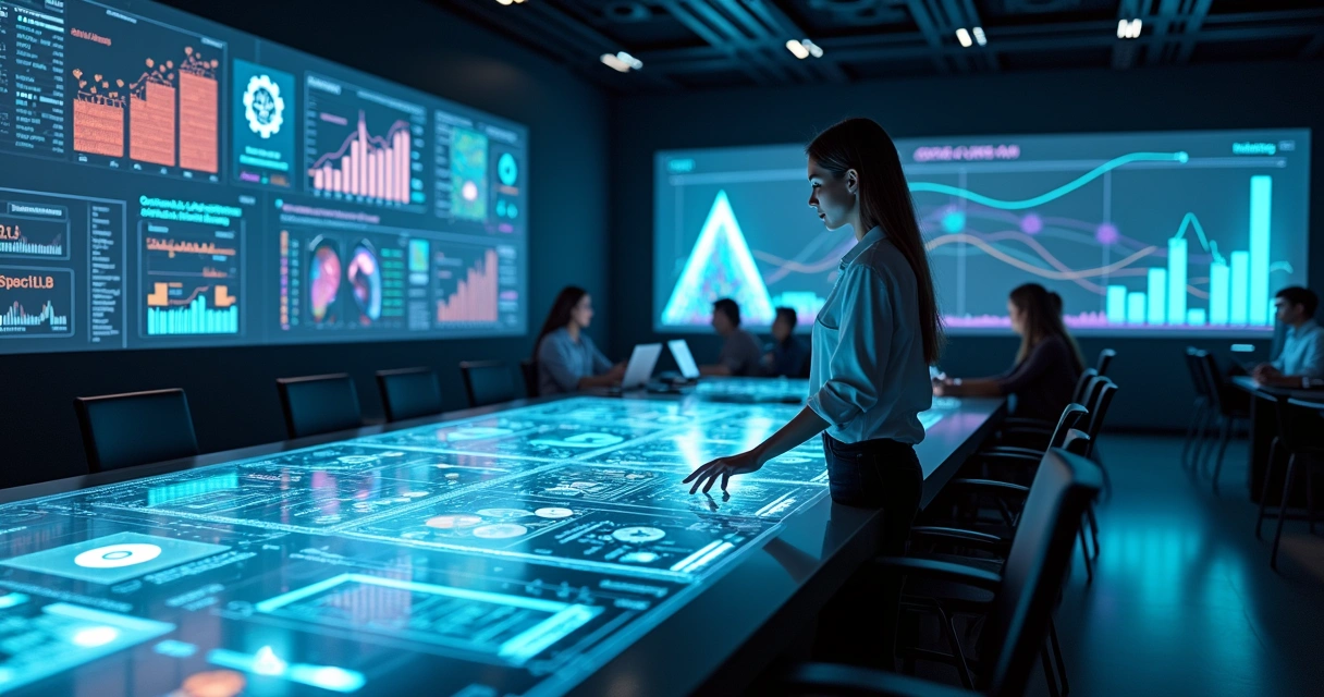 Estrategista de marketing analisa painel holográfico de IA com gráficos digitais 