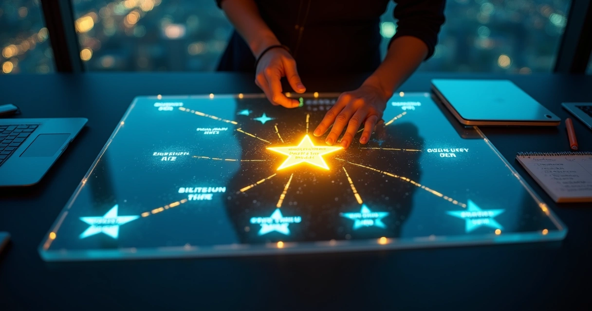 Mão reposicionando estrela central em mapa de métricas e metas digitais 