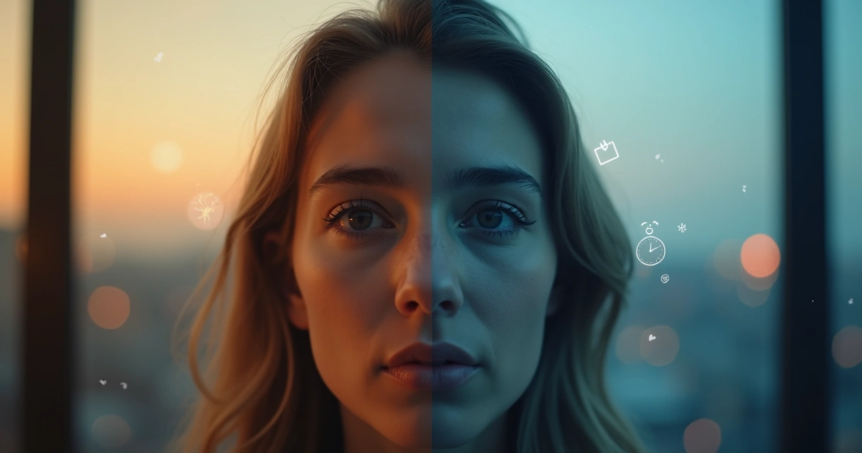 Rostro dividido entre claridad y distorsión representando autopercepción bajo estrés 