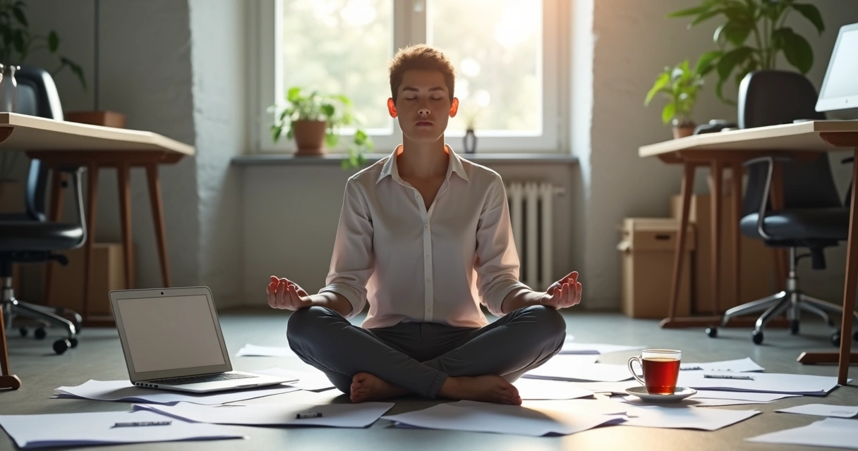 Persona sentada en meditación en una oficina en tonos neutros, con luz natural, mostrando calma rodeado de papeles y una computadora