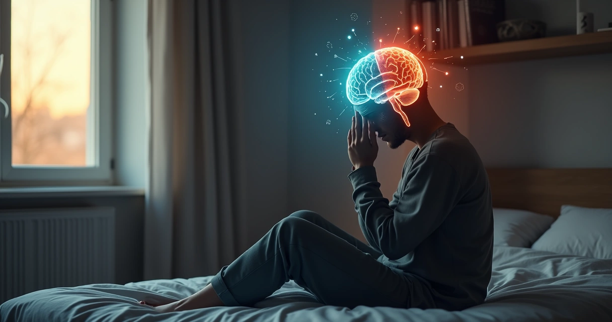 Persona sentada con silueta iluminada de cerebro mostrando estrés crónico y autoconciencia 