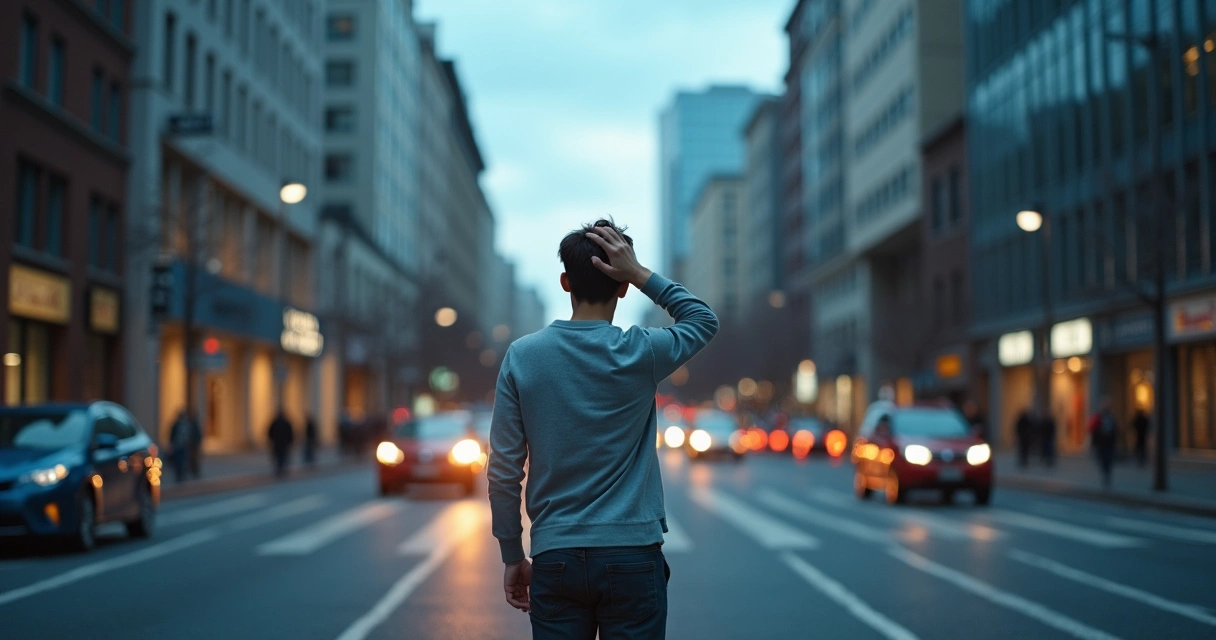 Persona con la ciudad distorsionada a su alrededor representando estrés crónico y percepción alterada 