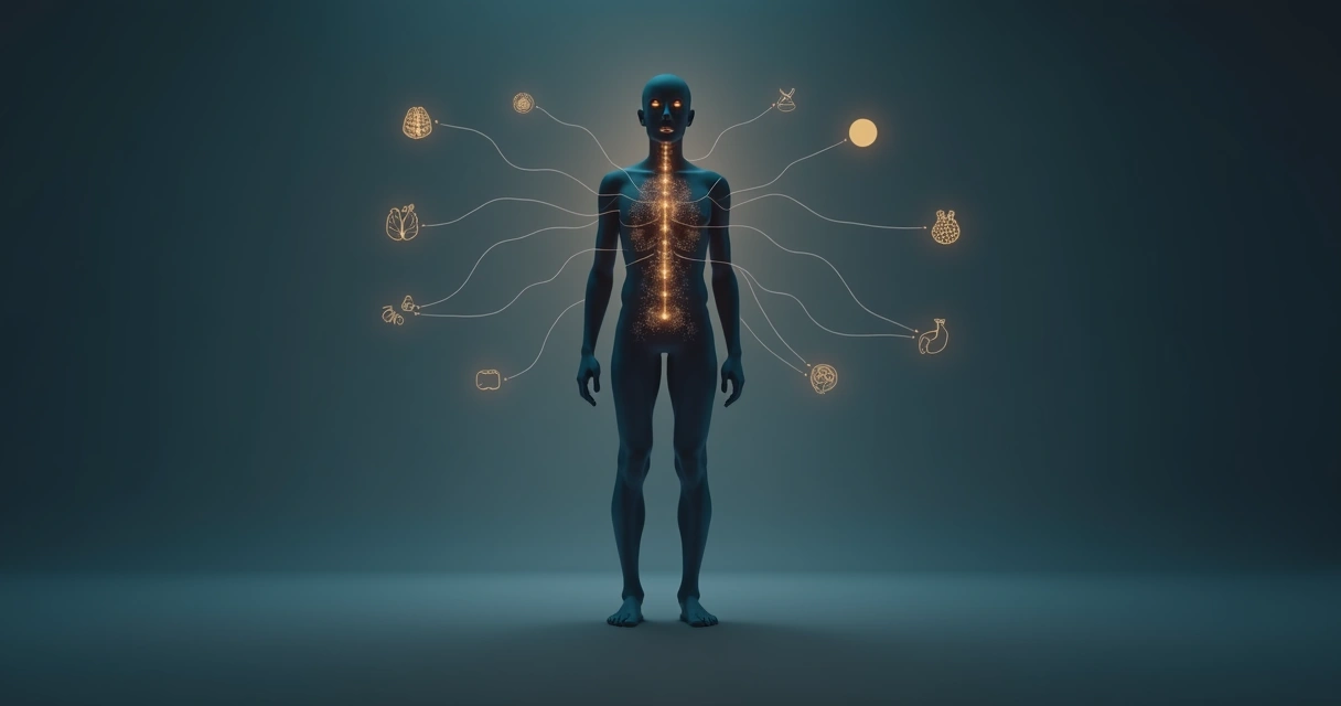 Silueta humana con zonas del cuerpo iluminadas por puntos de estrés emocional 