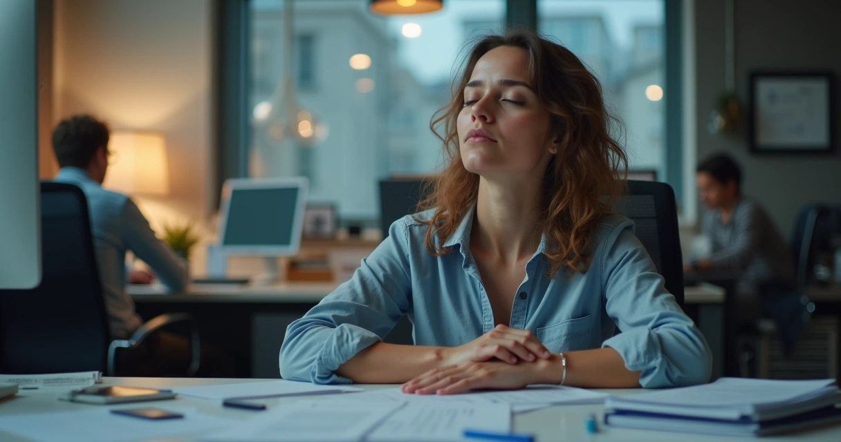 Persona en oficina deteniéndose para respirar, rodeada de papeles y computadora, con expresión de calma. 