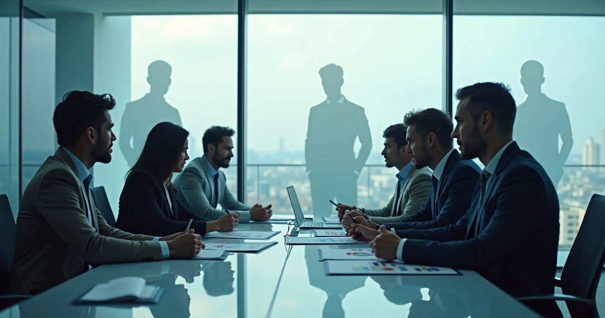 Equipo en reunión con tensión invisible reflejada en sombras y expresiones sutiles 