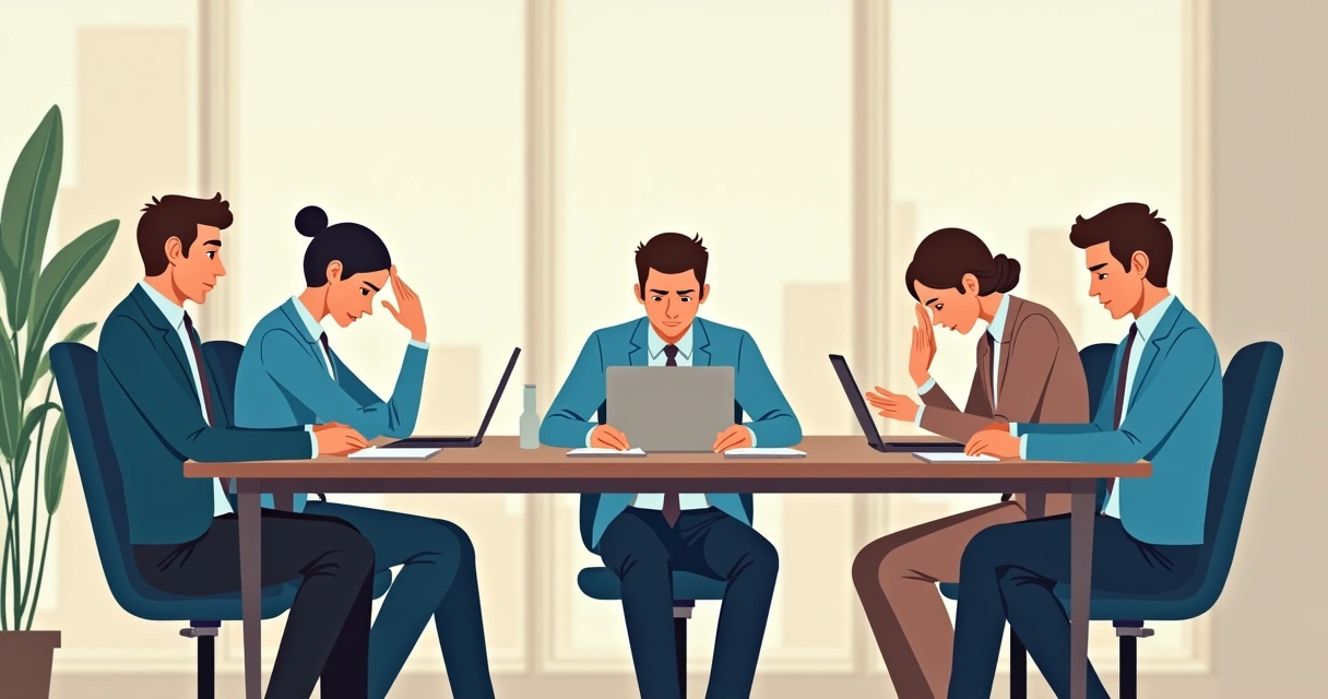 Empleados en una mesa de trabajo mostrando señales de fatiga y estrés laboral 