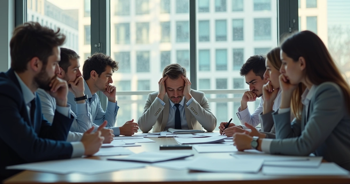 Equipo de trabajo mostrando señales de estrés y agotamiento en una oficina 