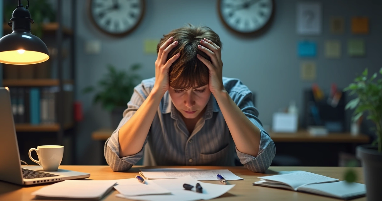 Persona sentada en un escritorio rodeada de papeles, con gestos de estrés y cansancio 