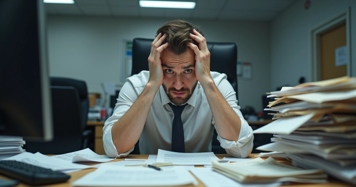 Colaborador estressado ao lado de pilha de papéis e computador, escritório pequeno e bagunçado. 