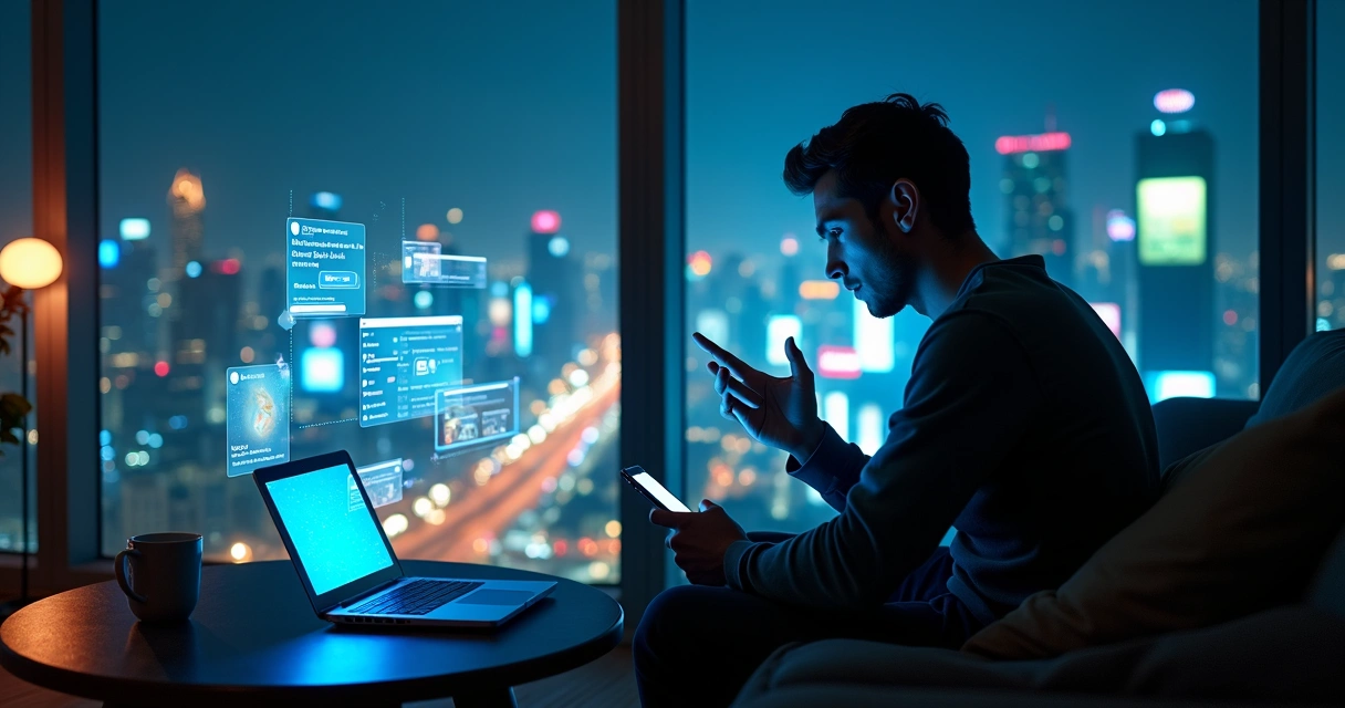 Persona en un apartamento rodeada de pantallas luminosas con la ciudad al fondo 