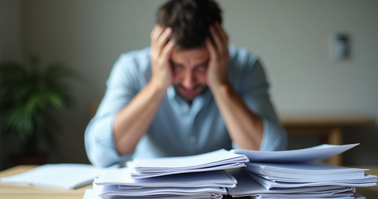 Persona sosteniendo la cabeza con las manos mientras mira documentos en una mesa. 
